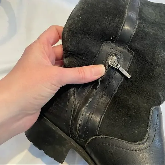 UGG Black Leather & Suede Calf Height Moto Lug Boots Sherpa Lined Womens 6.5 - Picture 7 of 11